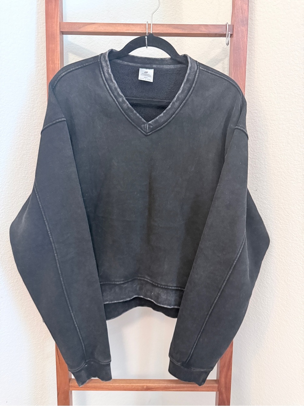 Vintage-Inspired Black V-Neck Sweatshirt